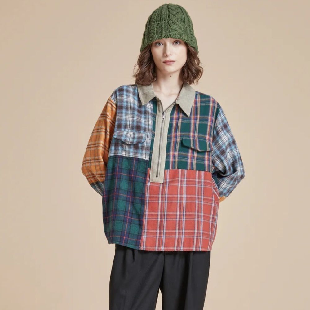Patchwork Plaid Half-Zip Shirt Jacket - Multicolor
